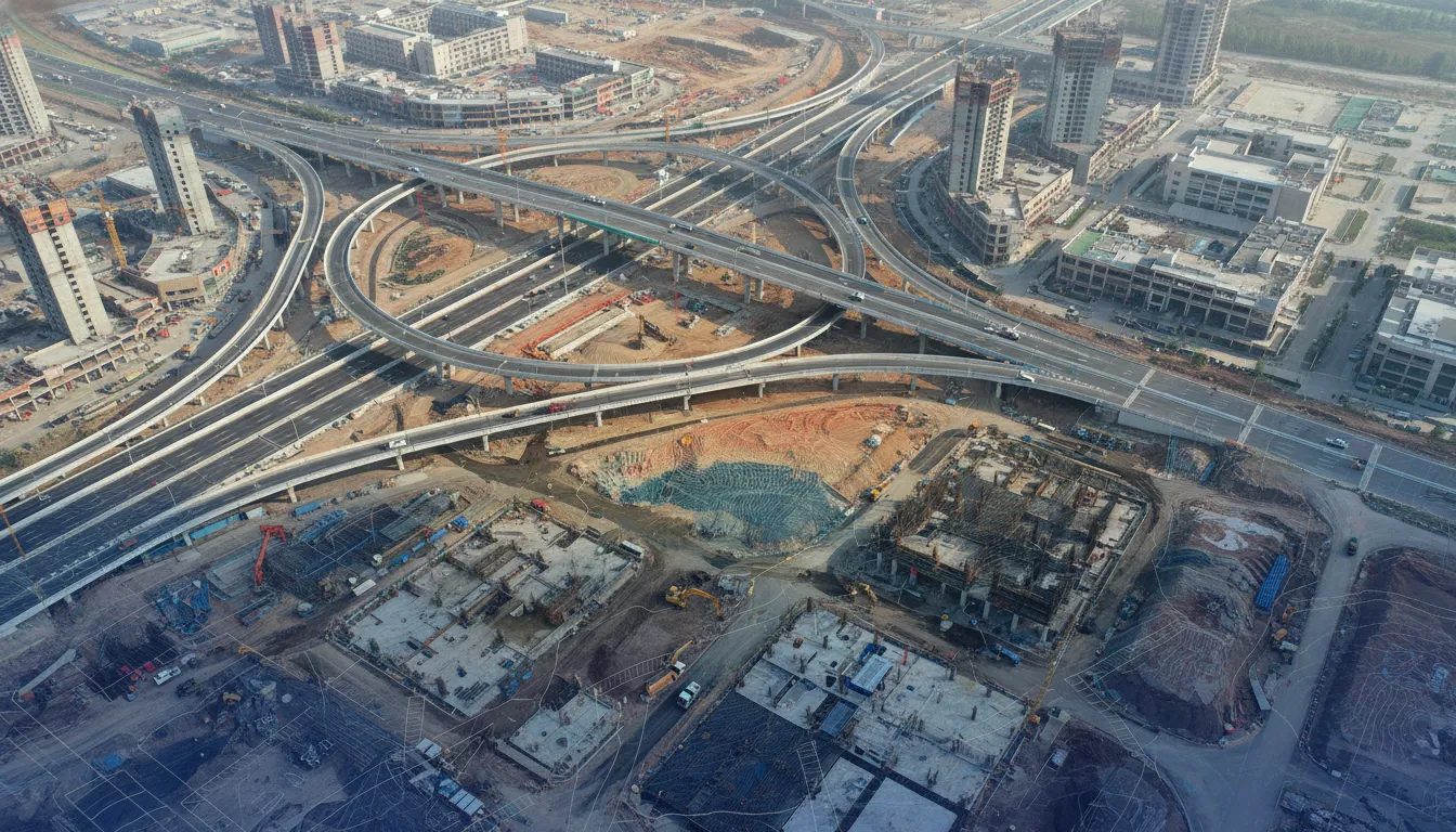 Vista aérea de projeto infraestrutura com modelo digital de elevação. Integração planejamento terreno complexo.