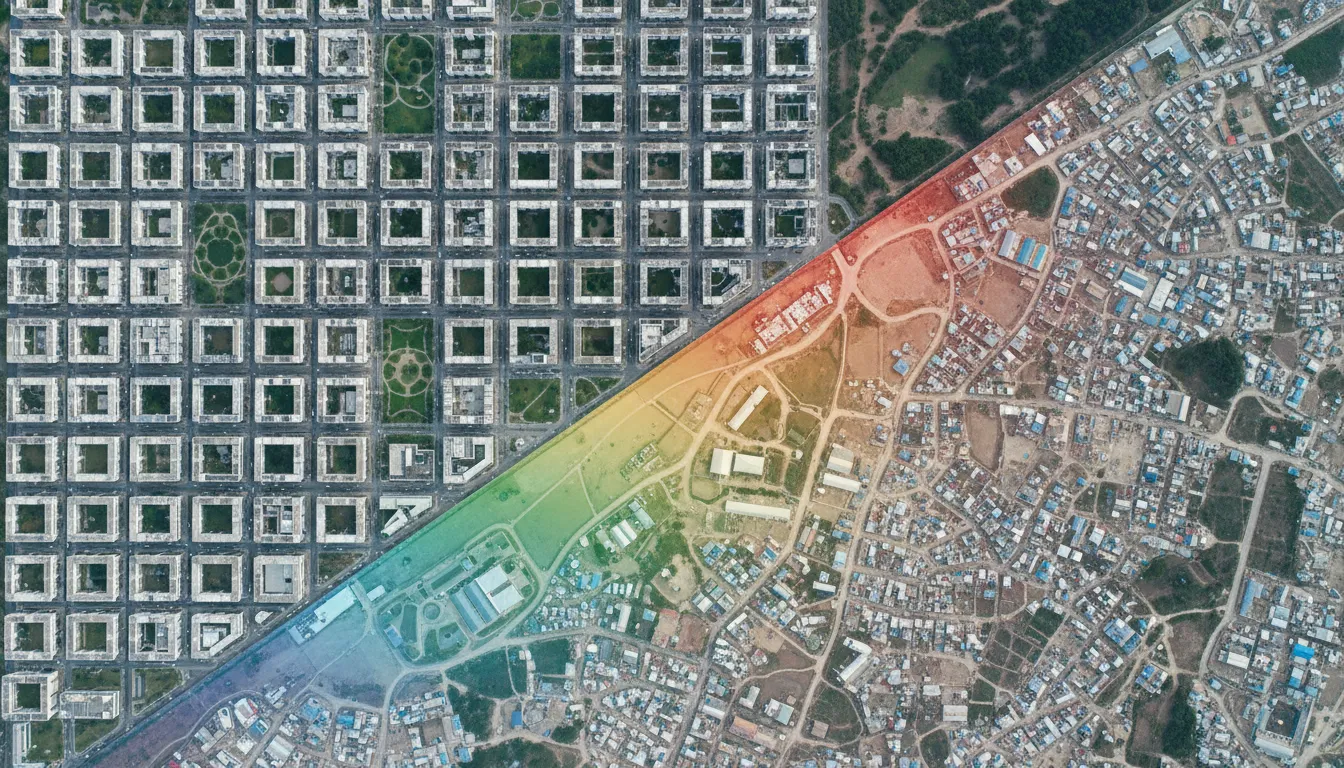 Vista aérea compara parcelamento do solo urbano planejado versus irregular, destacando impacto do geoprocessamento.