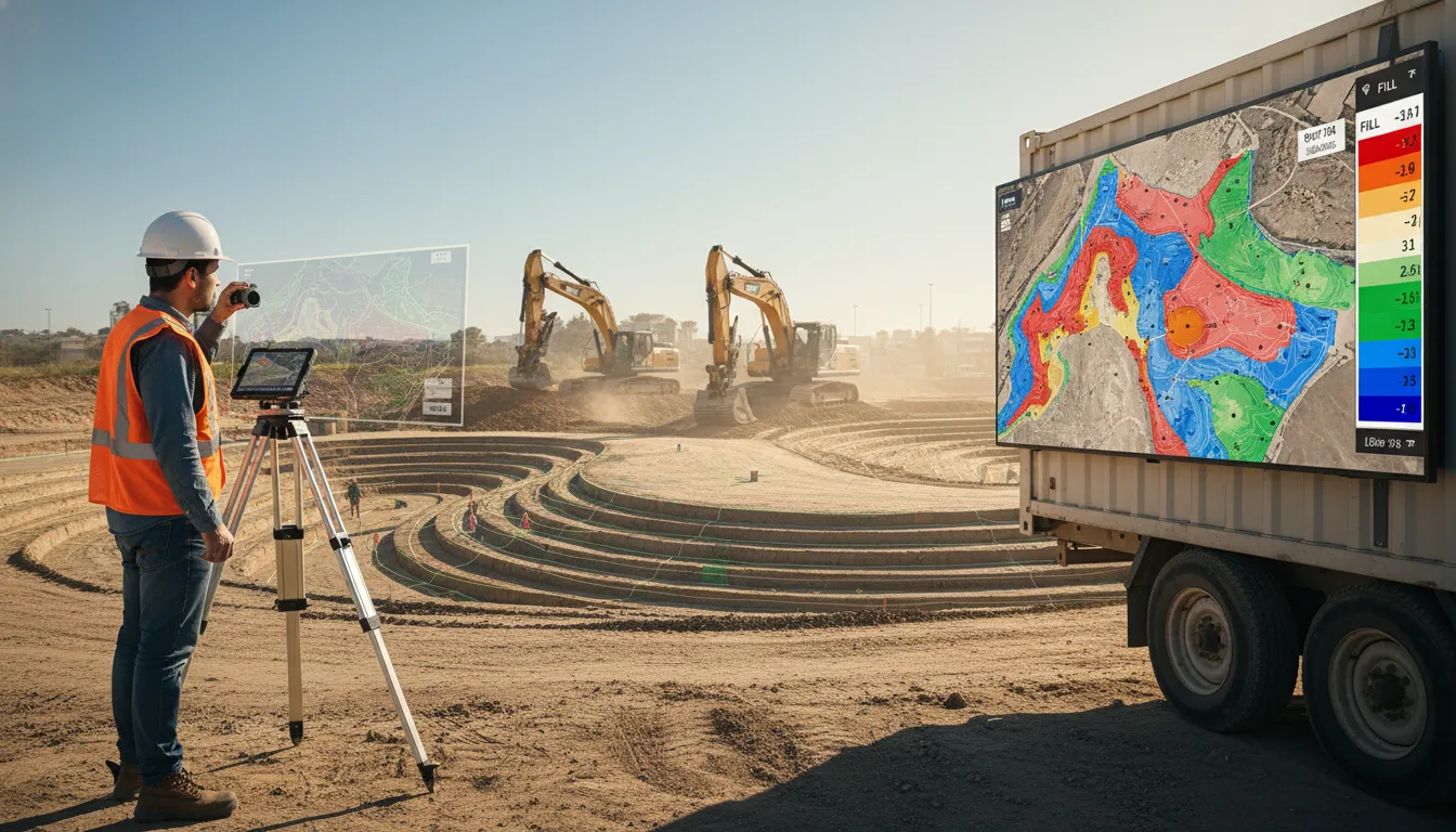 Canteiro de obras urbano onde topógrafos utilizam MDE para nivelamento preciso e gestão do terreno.