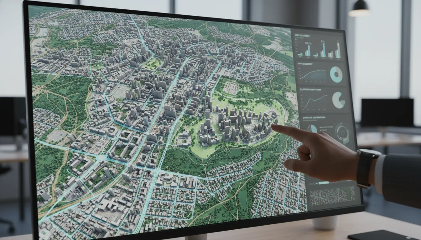 Mapa digital detalhado de cidade, resultado da aerofotogrametria com drones, exibido em tela para análise e tomada de decisão.