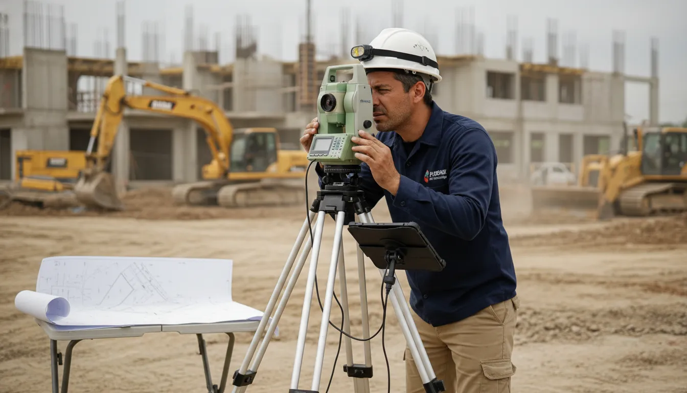 Engenheiro da Phoenix Geotecnologia opera estação total em canteiro de obras, essencial para levantamento planialtimétrico preciso.