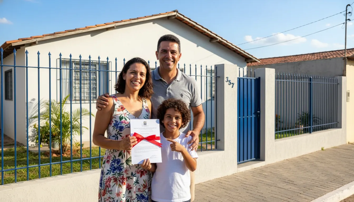 Família brasileira celebra título propriedade em frente sua casa, resultado bem-sucedido da REURB-E.