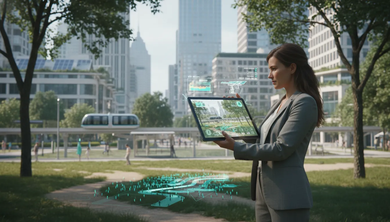 Planejador urbano usa tablet com AR para visualizar dados de cidade inteligente, aplicando cartografia digital.