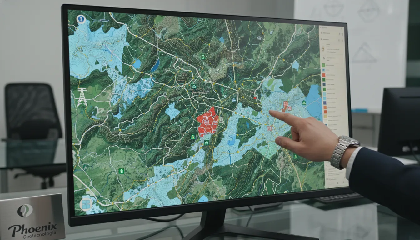 Mapa digital detalhado de levantamento planialtimétrico exibido em monitor, mostrando dados geoespaciais para gestão municipal.