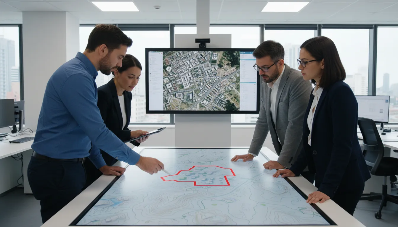 Equipe geotecnologia analisa mapa 3D em mesa interativa, prevenindo irregularidades no parcelamento do solo.