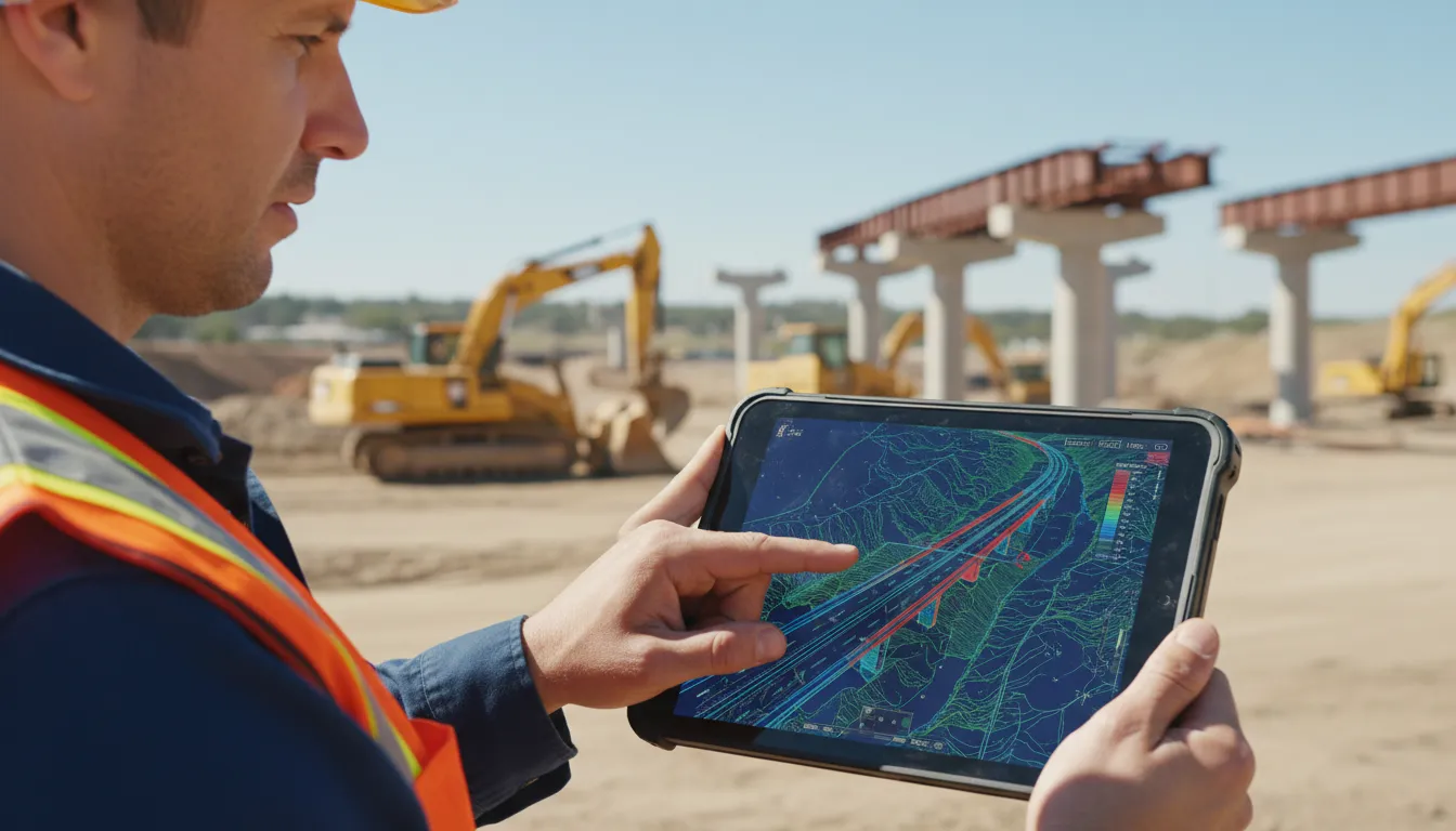 Engenheiro usa modelo digital de elevação em tablet para planejar obra de infraestrutura. Dados precisos construção.