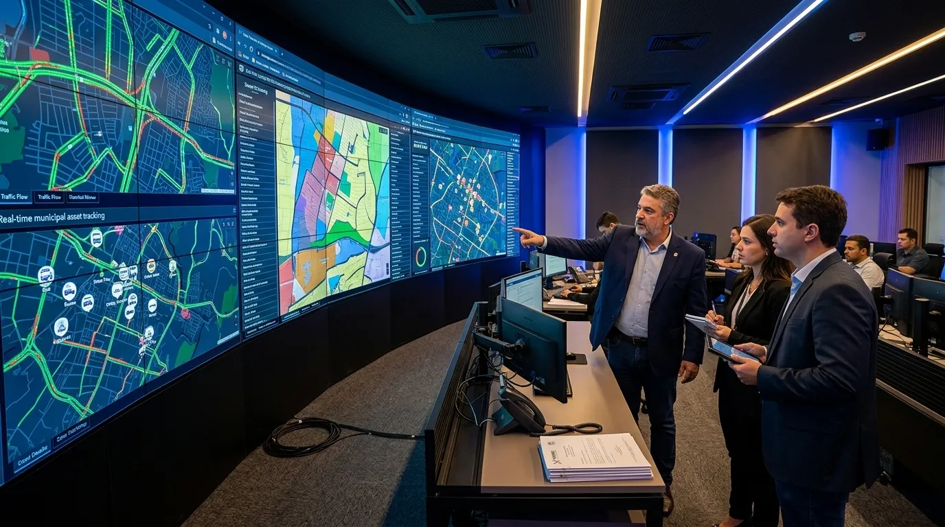Sala de controle demonstrando o que é geoprocessamento na infraestrutura e tomada de decisão governamental.