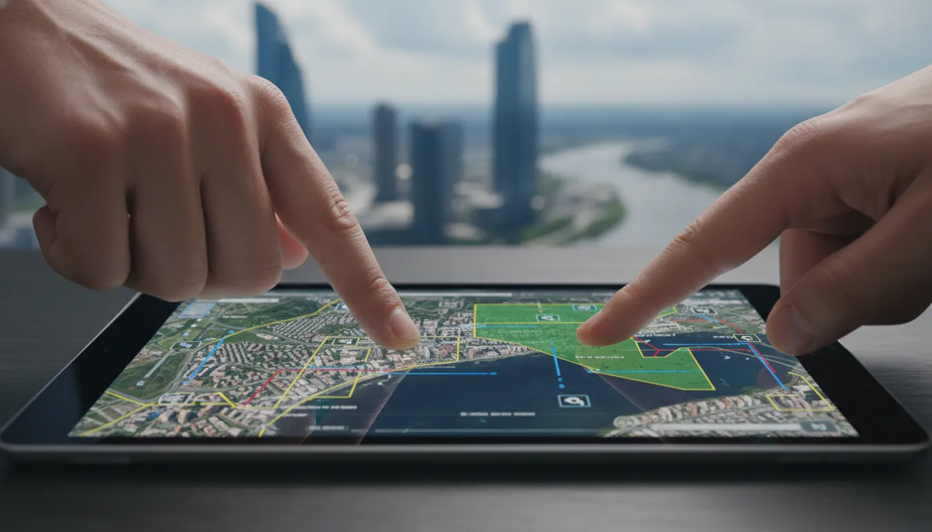Mãos interagem com sistema SIG em tablet, exibindo dados geoespaciais detalhados para planejamento urbano.