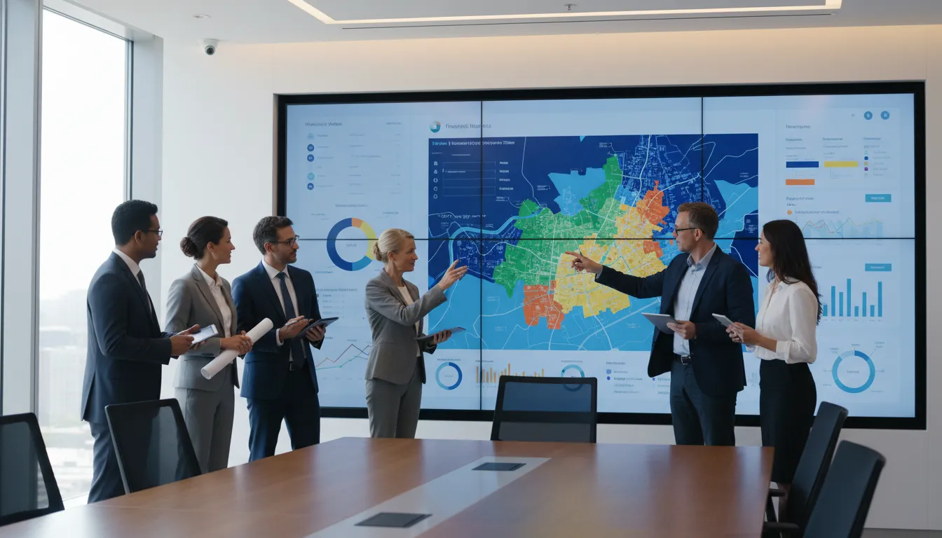 PGV: Gestores municipais analisam painel interativo com dados geográficos e financeiros para otimizar arrecadação.
