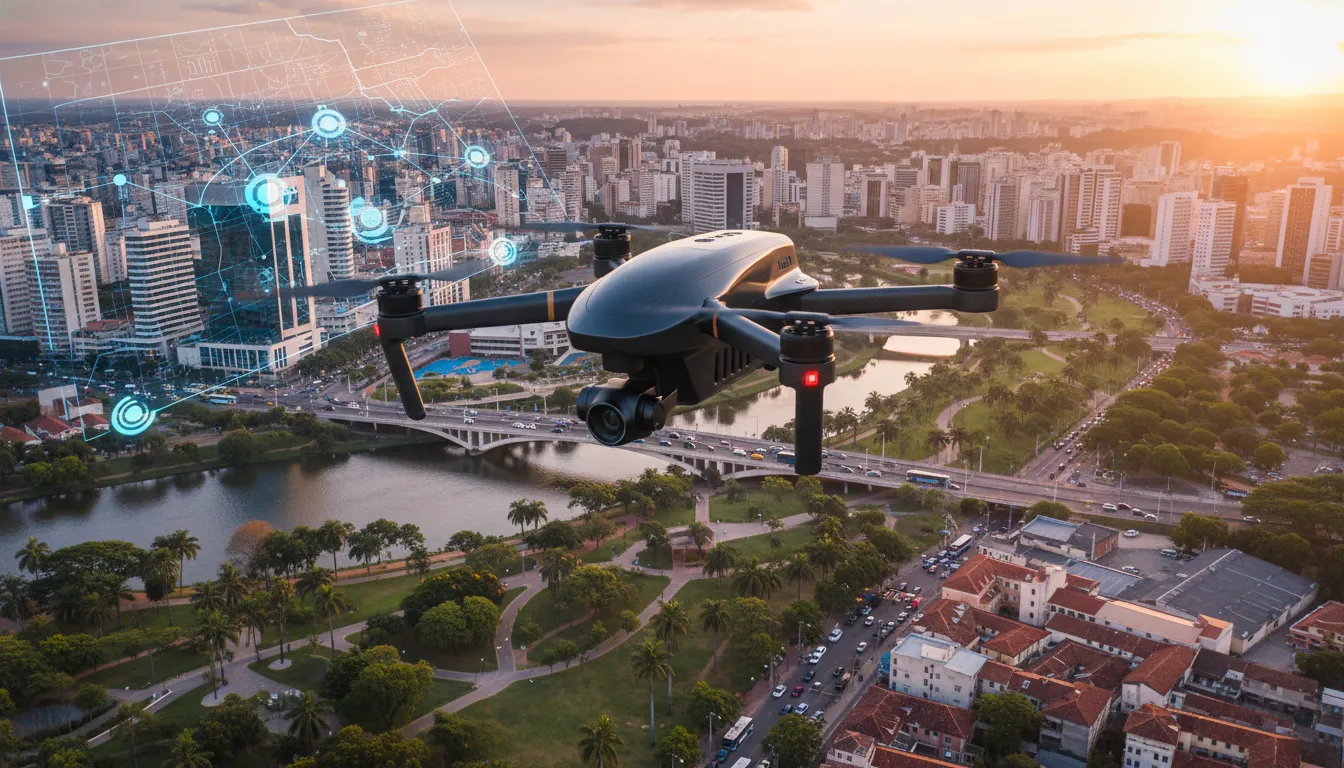 Drone moderno sobrevoa cidade brasileira, coletando dados geoespaciais para atualização do plano diretor municipal com precisão.