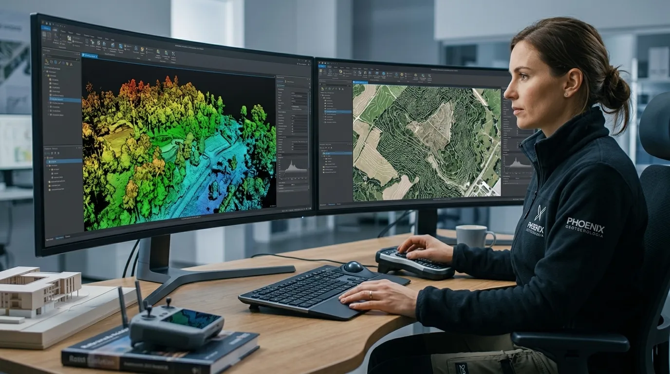 Especialista analisando dados de LiDAR e aerofotogrametria em telas com mapas topográficos 3D.