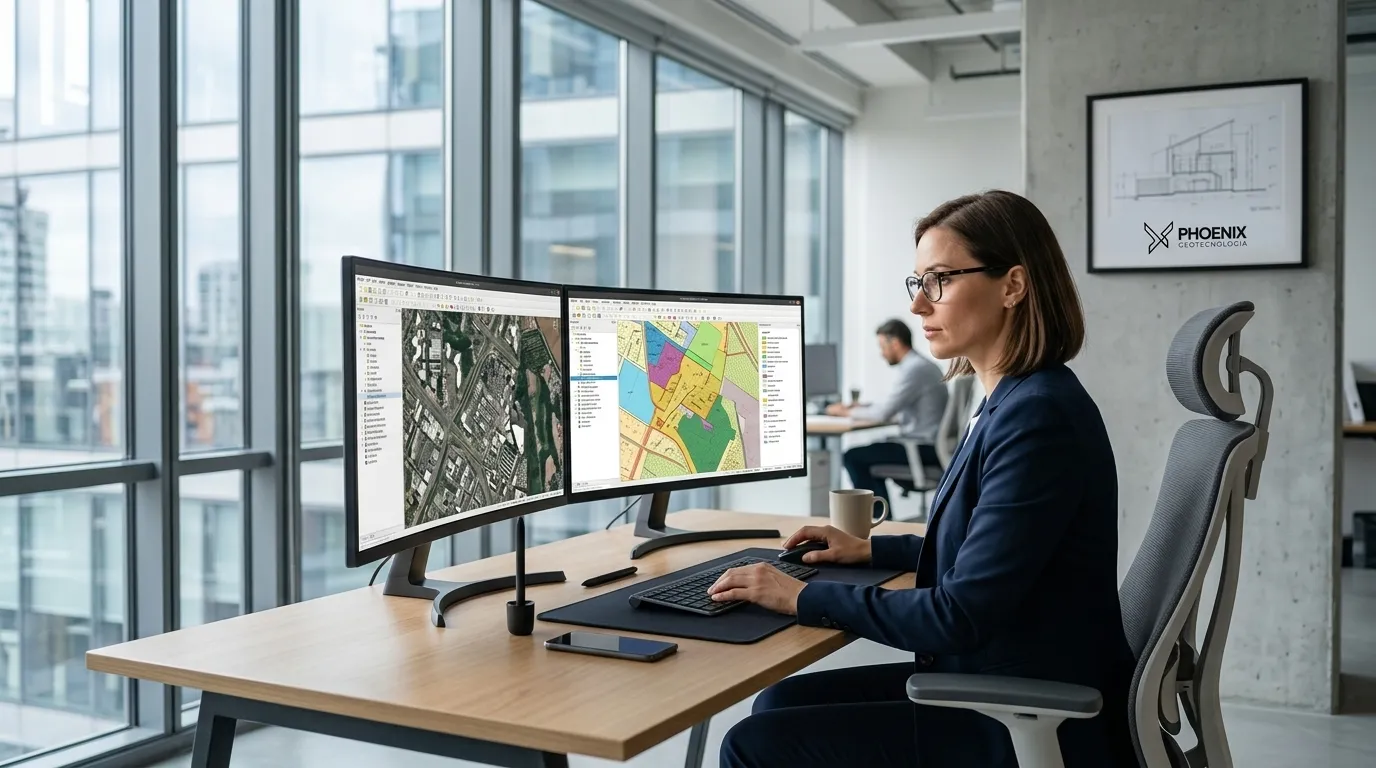 Especialista em geoprocessamento analisando dados para mapeamento de zoneamento urbano.
