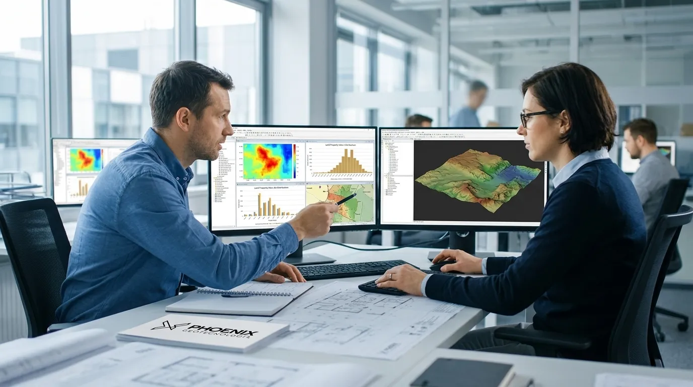 Especialistas analisando dados geoespaciais para revisão da planta genérica de valores.