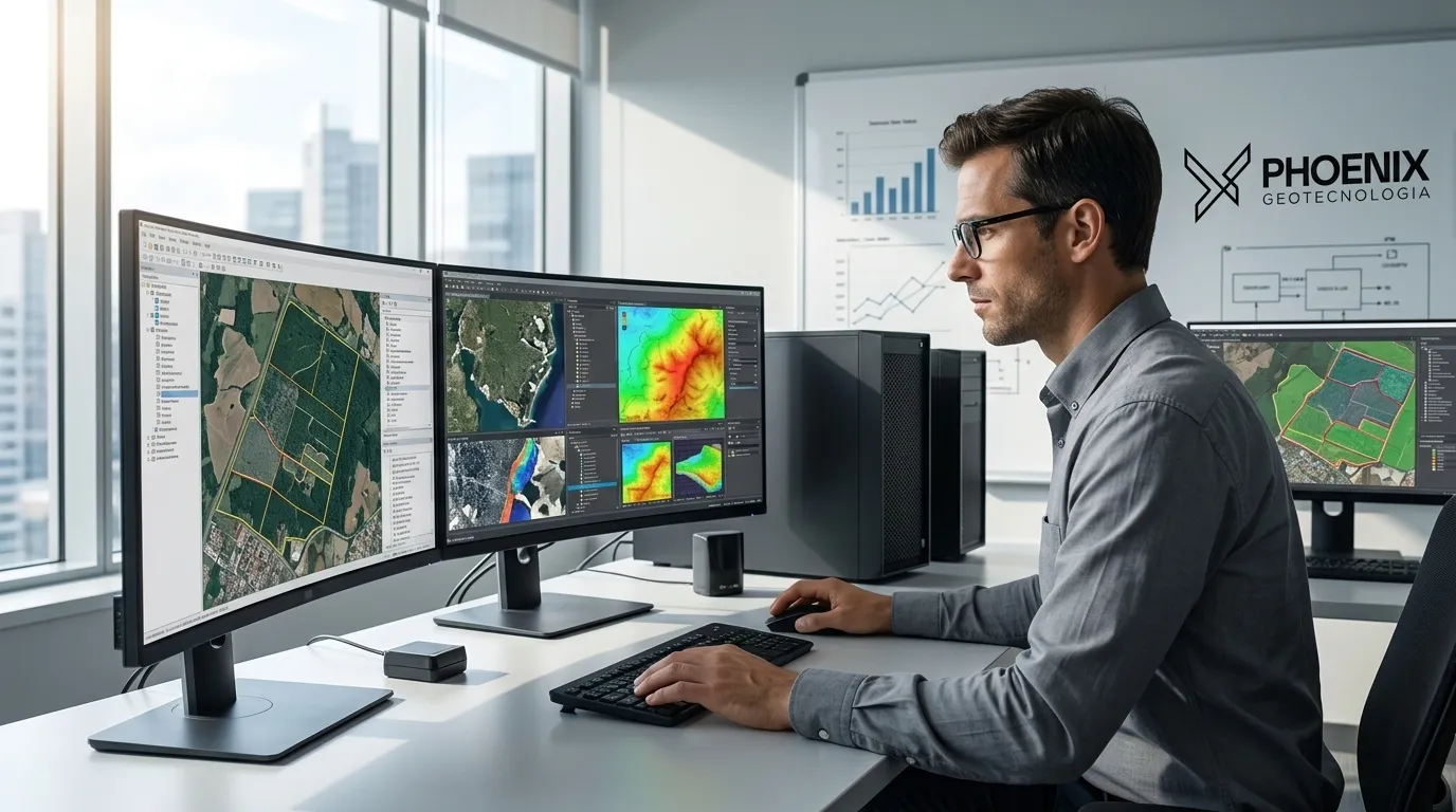 Engenheiro analisando mapa digital usando técnicas de geoprocessamento para gestão territorial eficiente.