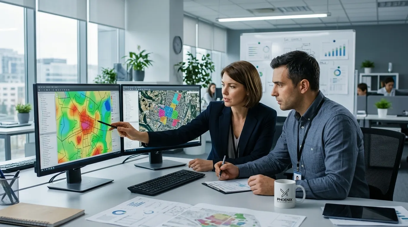 Especialistas analisando mapa de uso e ocupação do solo em monitores de geotecnologia.