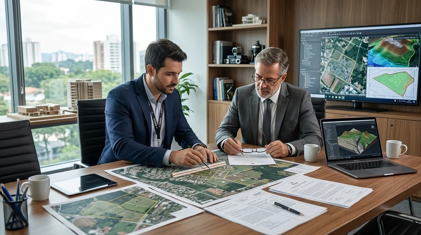 Especialistas analisando mapas e documentos para usucapião extrajudicial em escritório técnico.