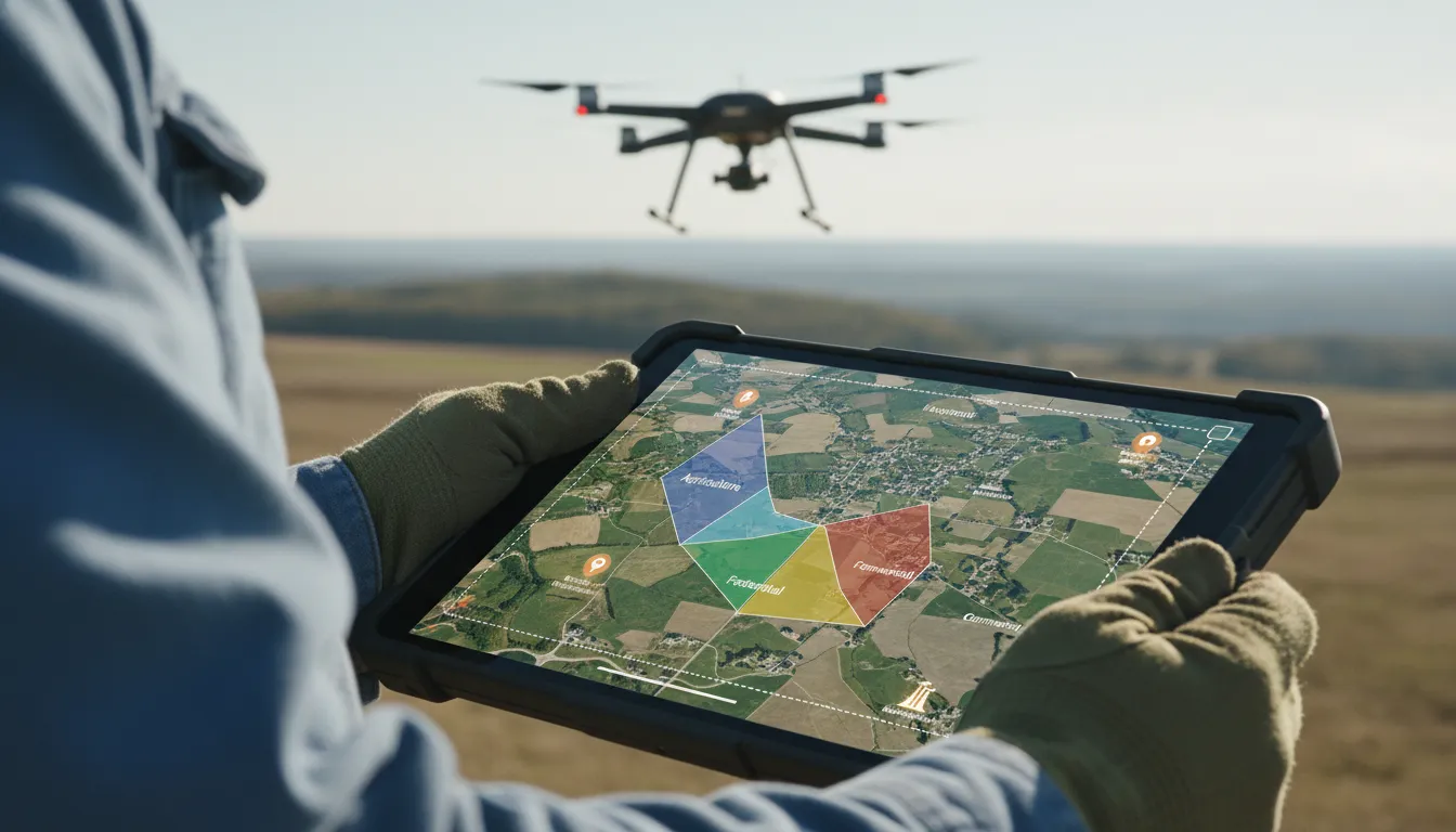 PGV: Mão de técnico exibe dados geoespaciais precisos em tablet, com drone ao fundo, para gestão eficiente.
