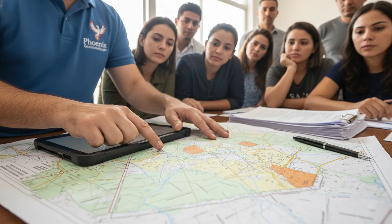 Mãos de especialista apontam mapa cadastral detalhado, explicando etapas da REURB-E para moradores atentos.