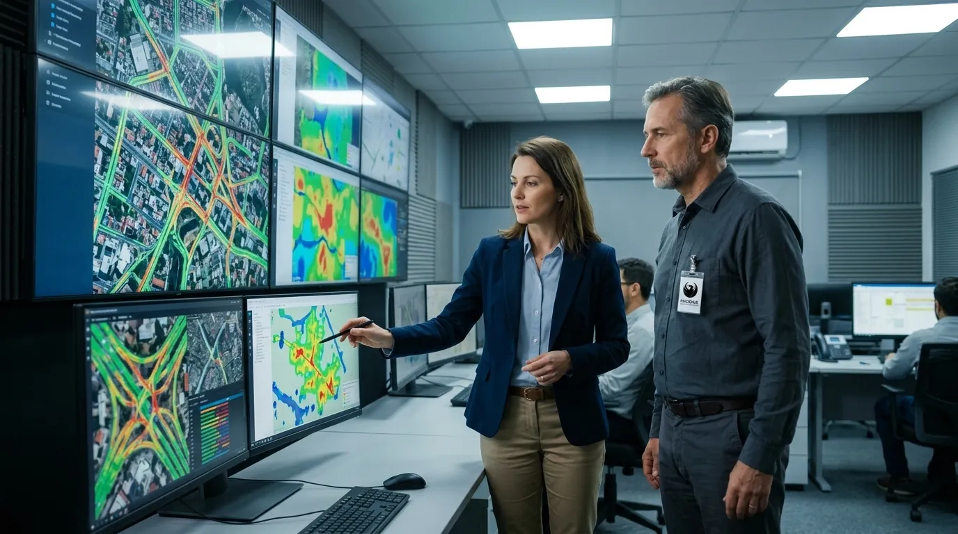 Centro de controle urbano com geotecnologia monitorando cidades inteligentes no Brasil.