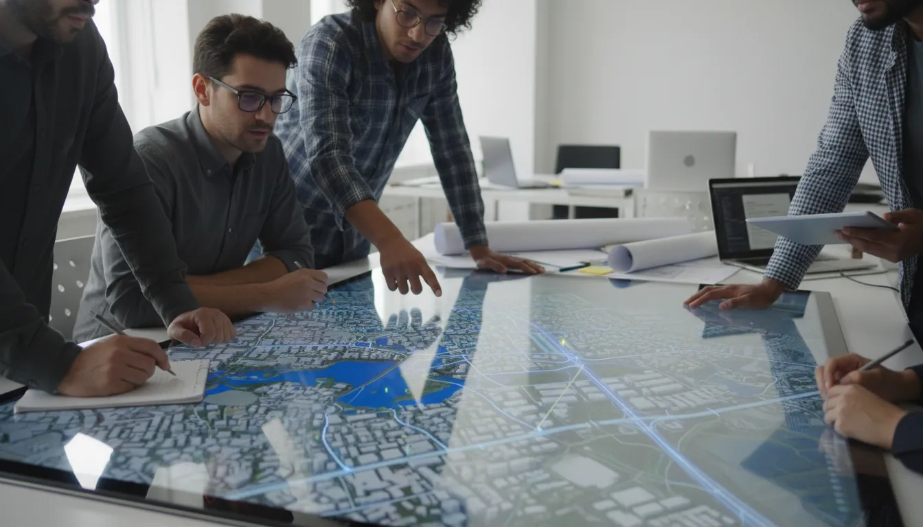 Equipe de geotecnologia analisa MDE para planejamento urbano e gestão de riscos em tela interativa.