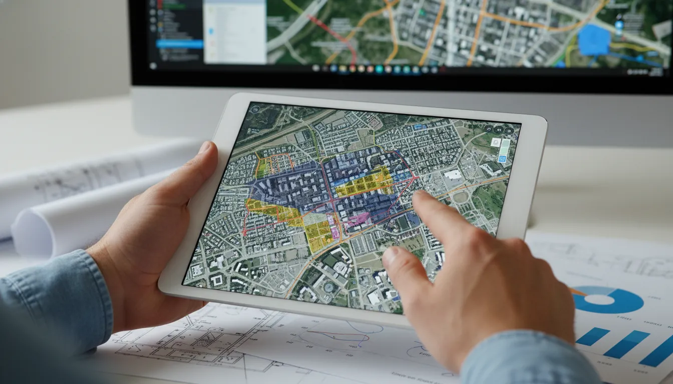 Mãos interagem com tablet exibindo dados geoespaciais detalhados, fundamentais para a revisão do plano diretor municipal.