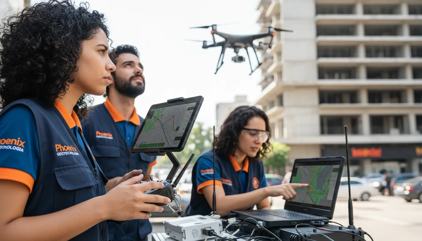 Equipe Phoenix Geotecnologia realiza aerofotogrametria com drone, coletando dados precisos para gestão urbana e infraestrutura.