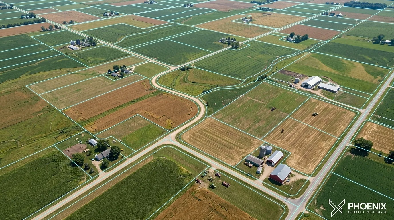 Vista aérea detalhada com linhas de demarcação para georreferenciamento de imóveis rurais em fazenda produtiva.