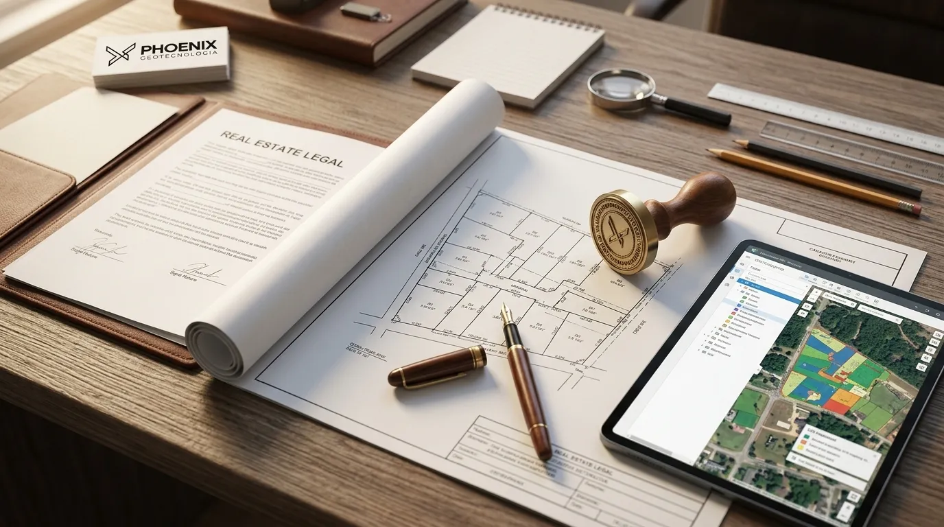 Mesa com planta topográfica e documentos para usucapião extrajudicial organizados para regularização.