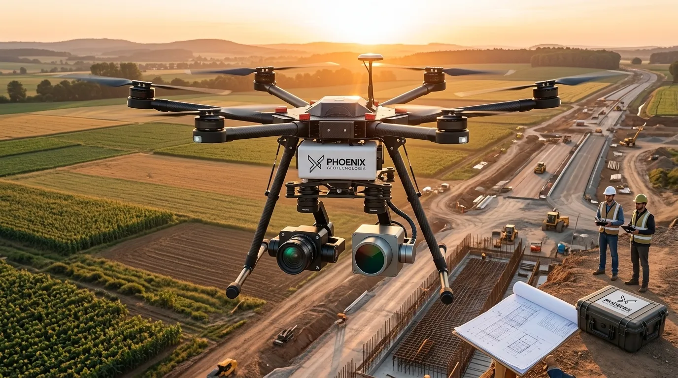Drone equipado para sensoriamento com LiDAR e aerofotogrametria sobrevoando área de infraestrutura.