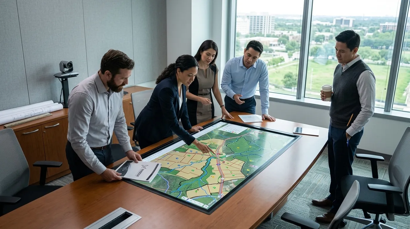 Equipe técnica planejando implantação de sistema de informação geográfica em reunião