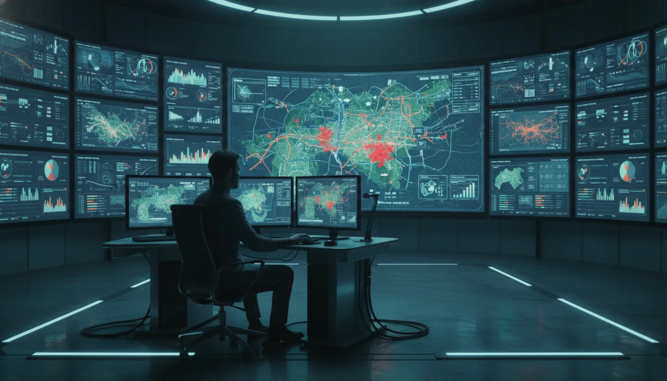 Sala de controle exibe dados em sistema SIG, monitorando infraestrutura e meio ambiente em tempo real.