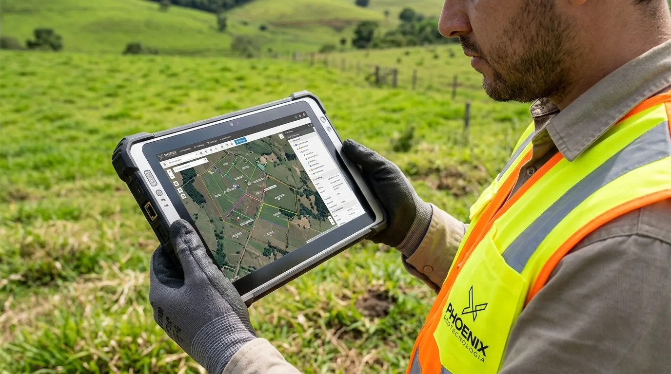 Engenheiro analisando mapa digital para processo de regularização fundiária rural.