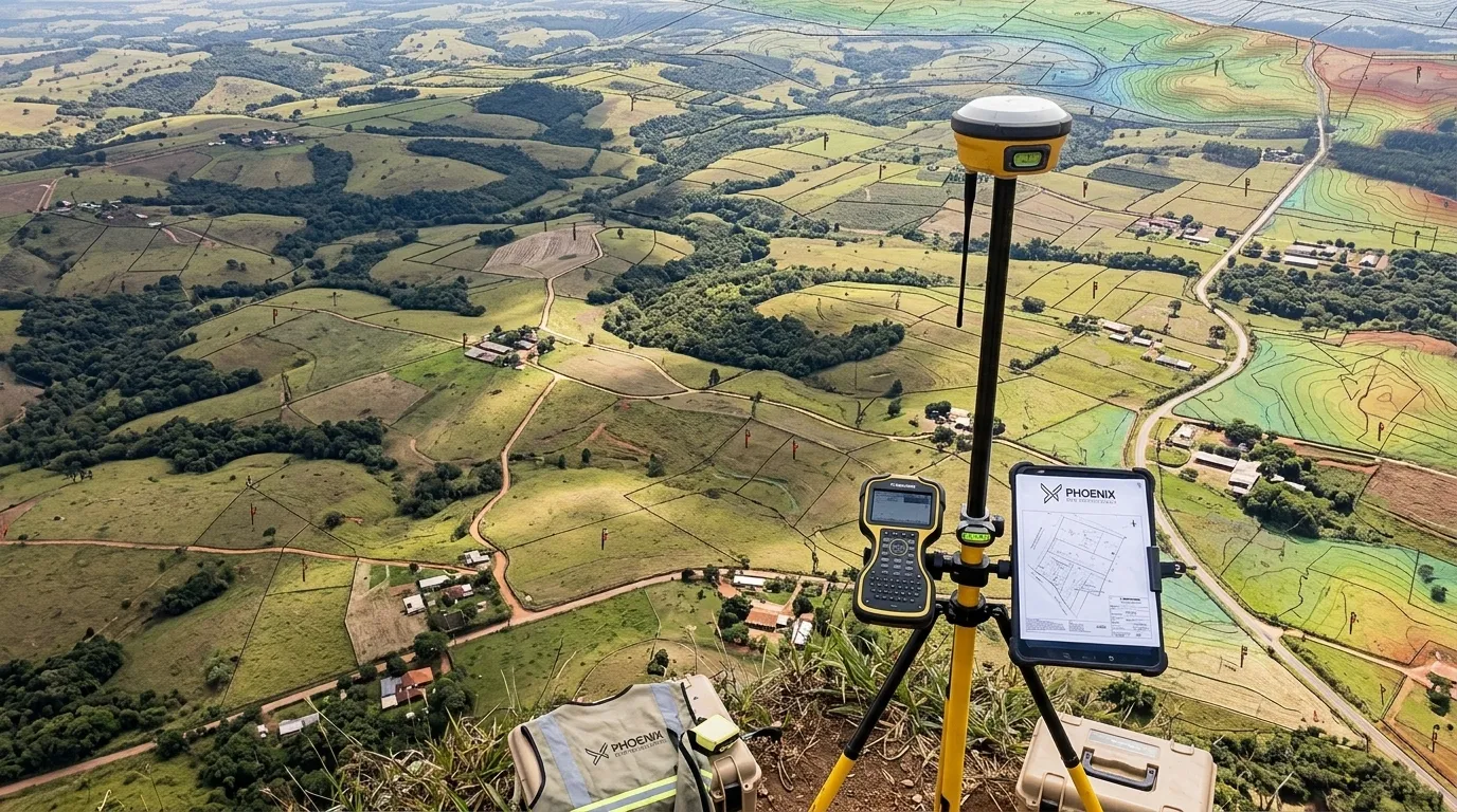 Equipamento GNSS em campo para levantamento planialtimétrico cadastral de terreno.