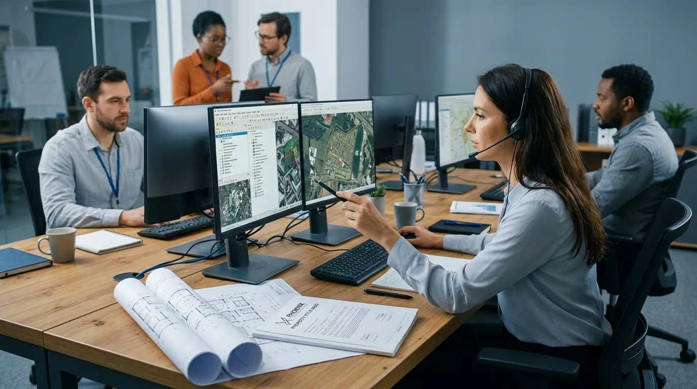 Equipe técnica analisando dados geoespaciais em projeto de regularização fundiária REURB.