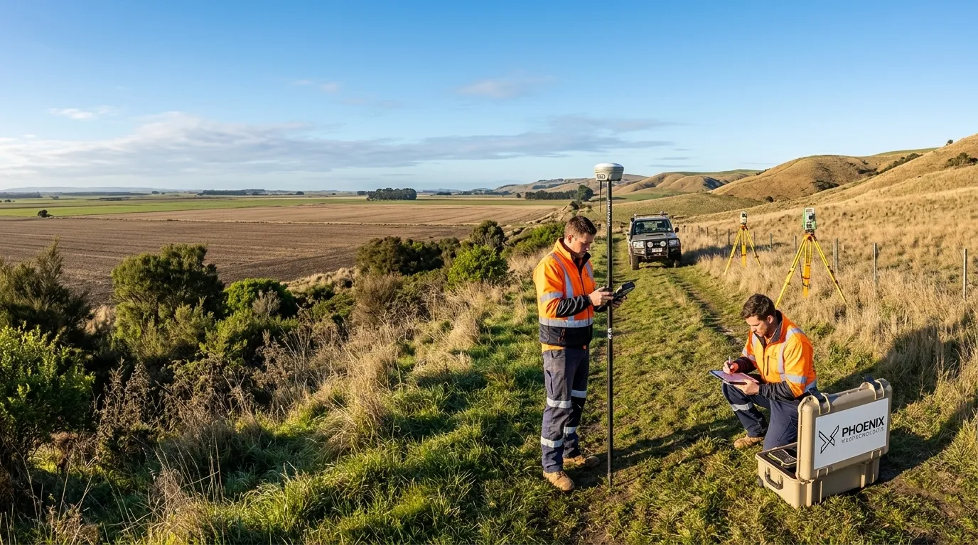 Equipe técnica avaliando a diferença entre levantamento planialtimétrico e topografia em terreno aberto.
