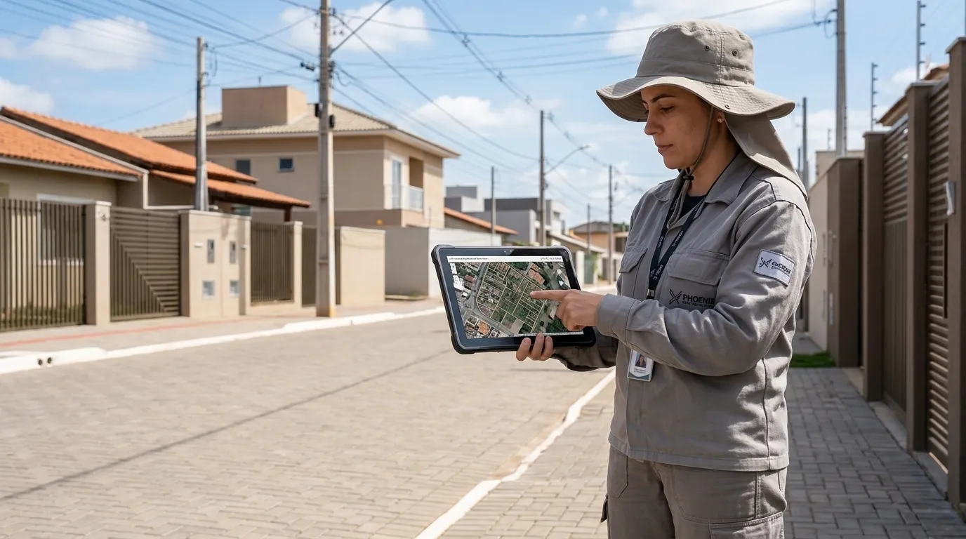 Técnico realizando levantamento geoespacial de campo para atualização do cadastro imobiliário brasileiro.