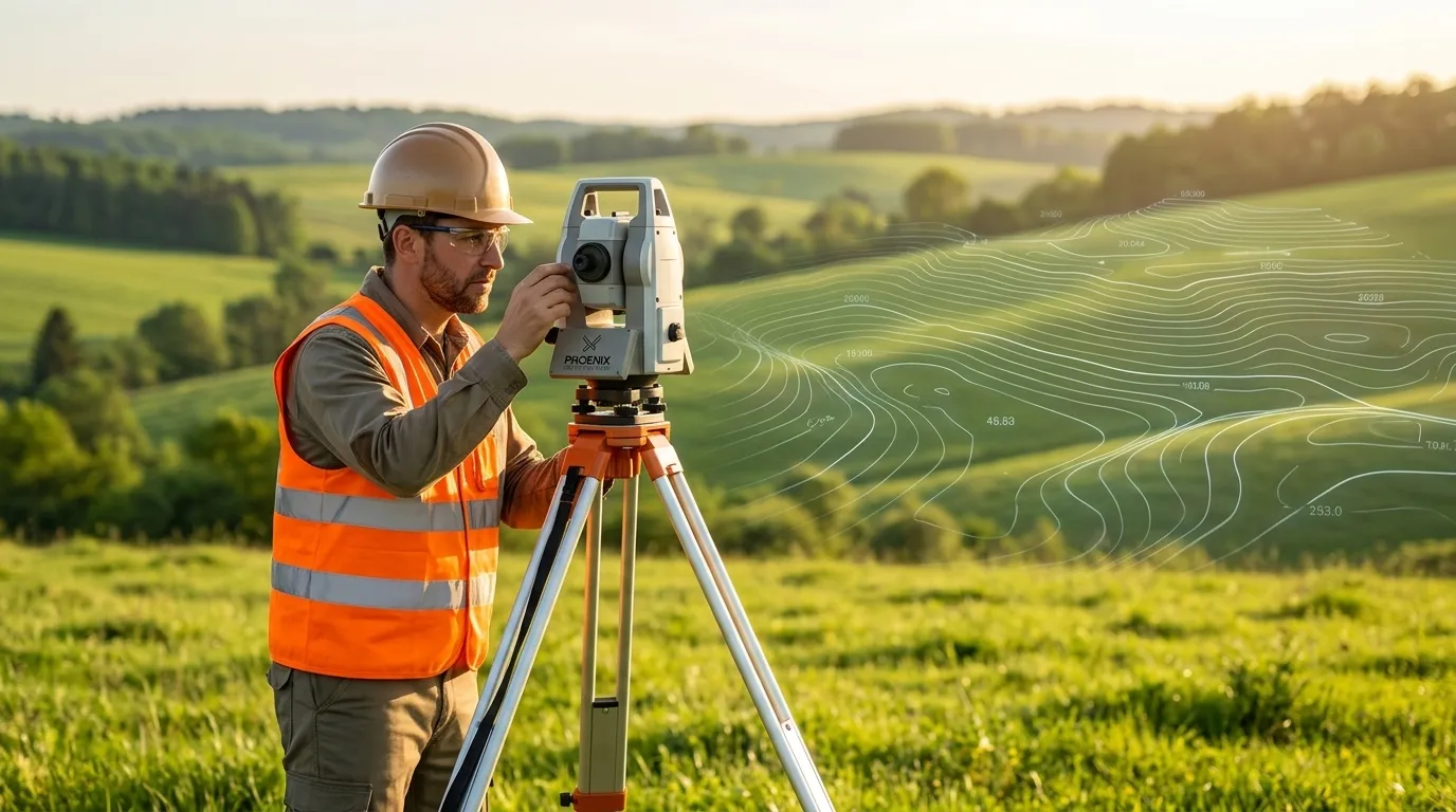 Engenheiro em campo demonstrando a diferença entre levantamento planialtimétrico e topografia em relevo acentuado.