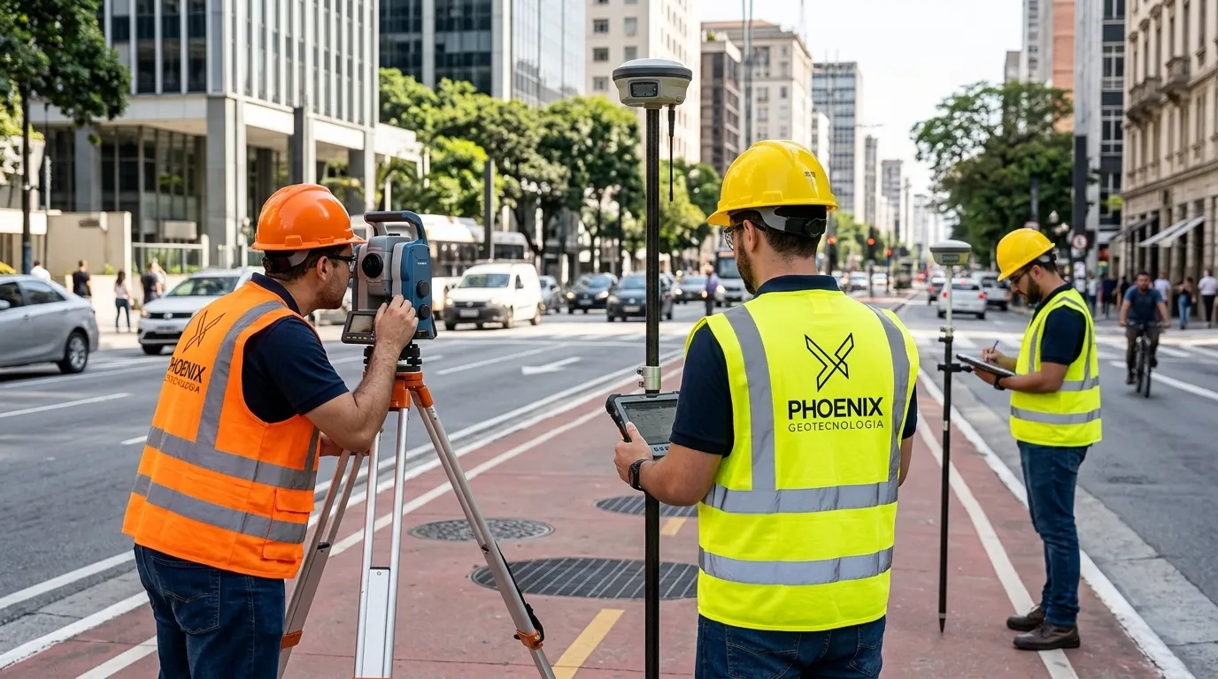 Equipe tecnica realizando levantamento topografico para cadastro imobiliario urbano.