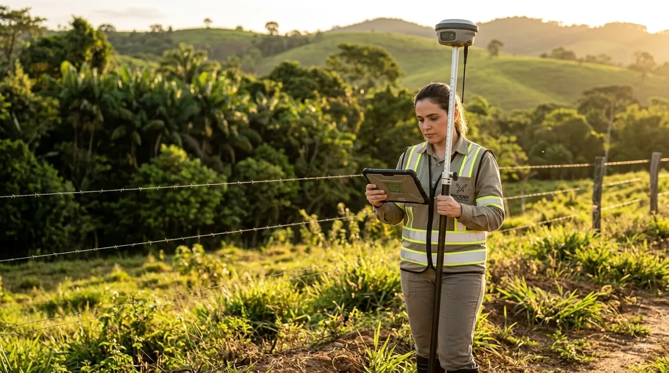 Engenheiro coletando dados técnicos e documentos para usucapião extrajudicial em campo.