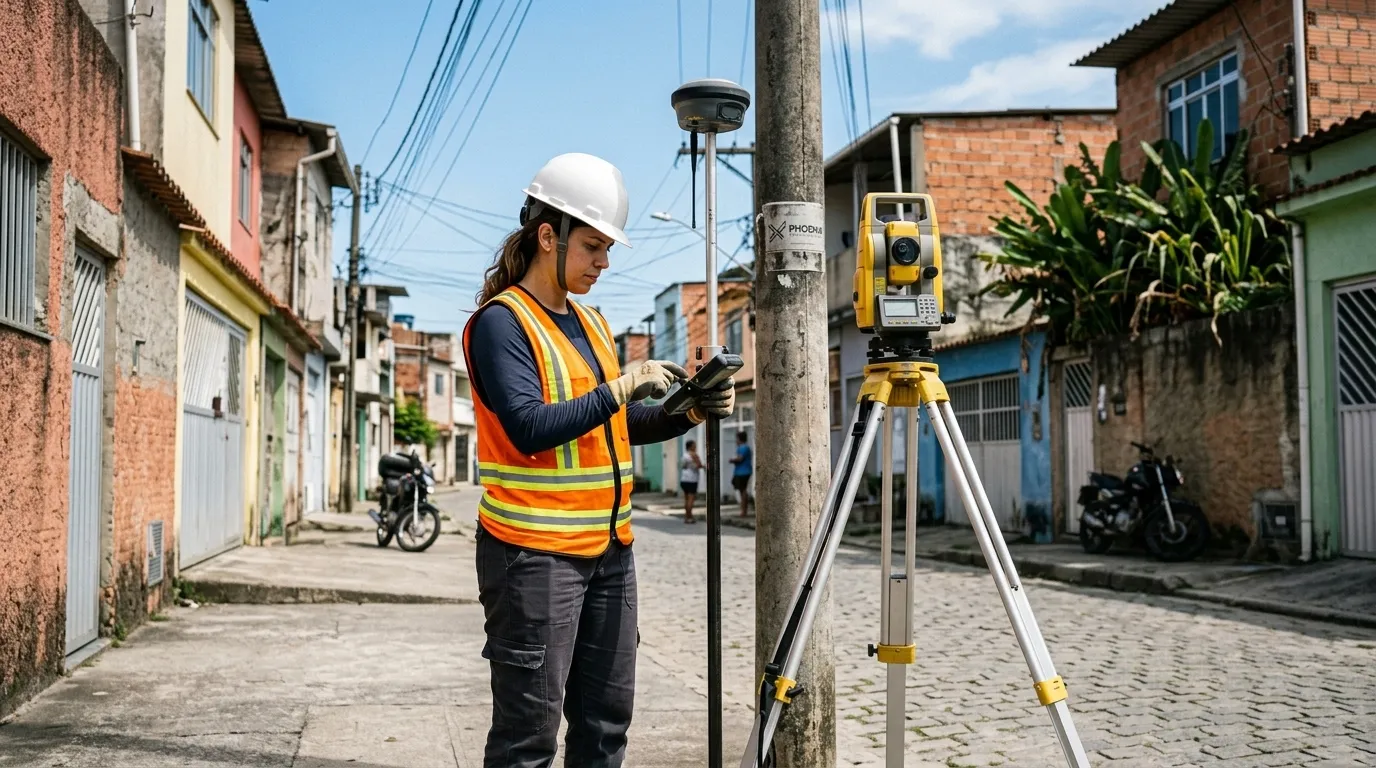 Topógrafa em campo realizando levantamento para regularização fundiária urbana municipal.