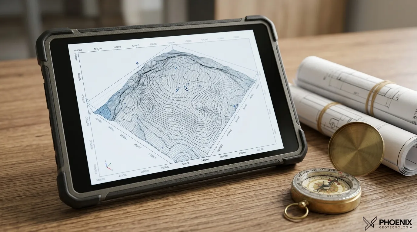 Tela com mapa 3D ilustrando a diferença entre levantamento planialtimétrico e topografia digital.