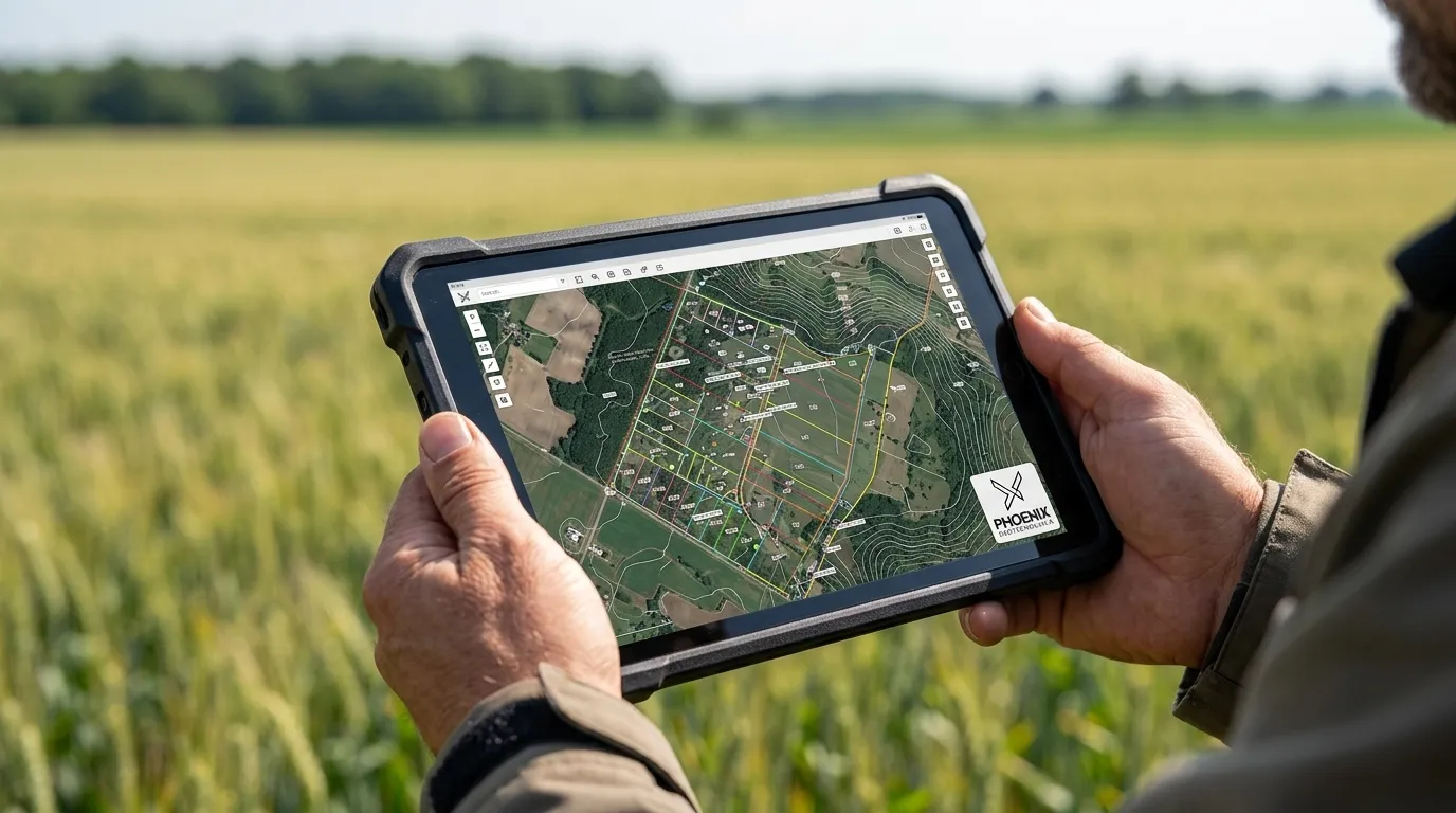 Mapeamento digital para georreferenciamento de imóveis rurais exibido em tablet durante vistoria técnica no campo.