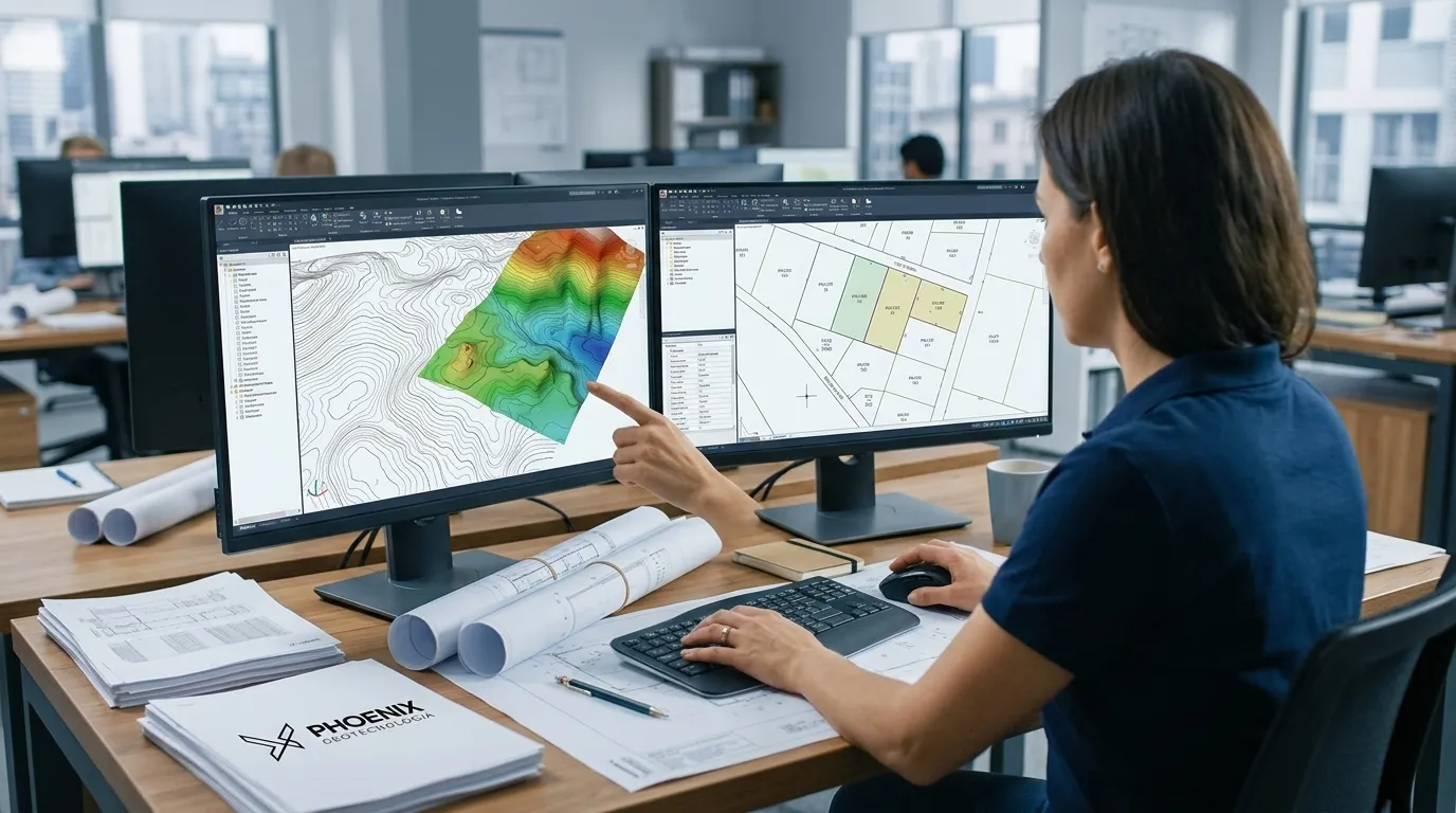 Mapeamento digital para levantamento planialtimétrico cadastral exibido em tela de computador.