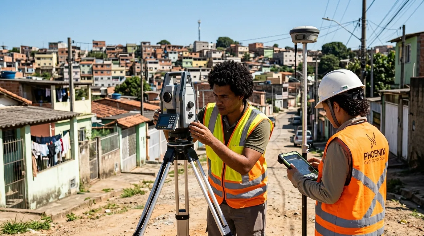 Engenheiro realizando mapeamento topográfico em campo seguindo a lei reurb de regularização urbana.