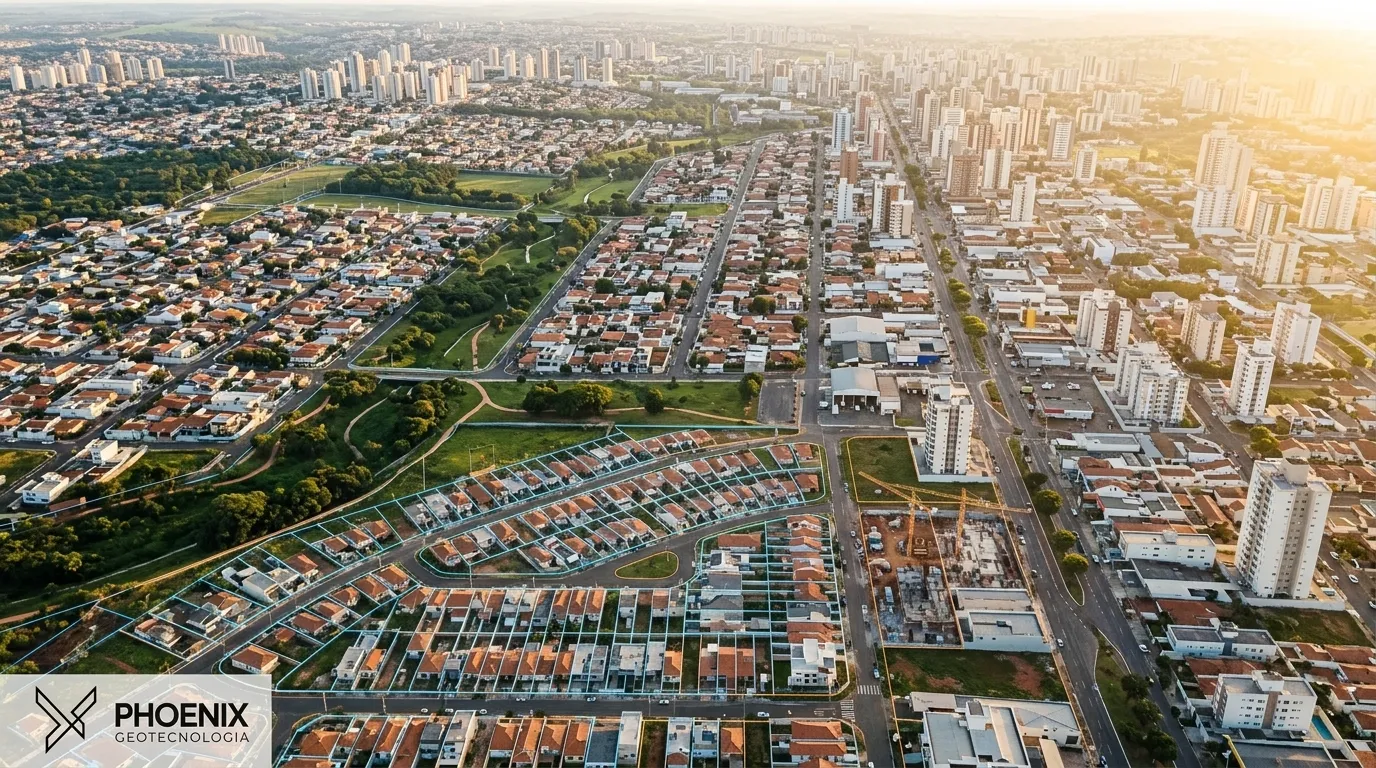 Mapeamento urbano aéreo detalhado integrando lotes para o cadastro imobiliário brasileiro municipal.
