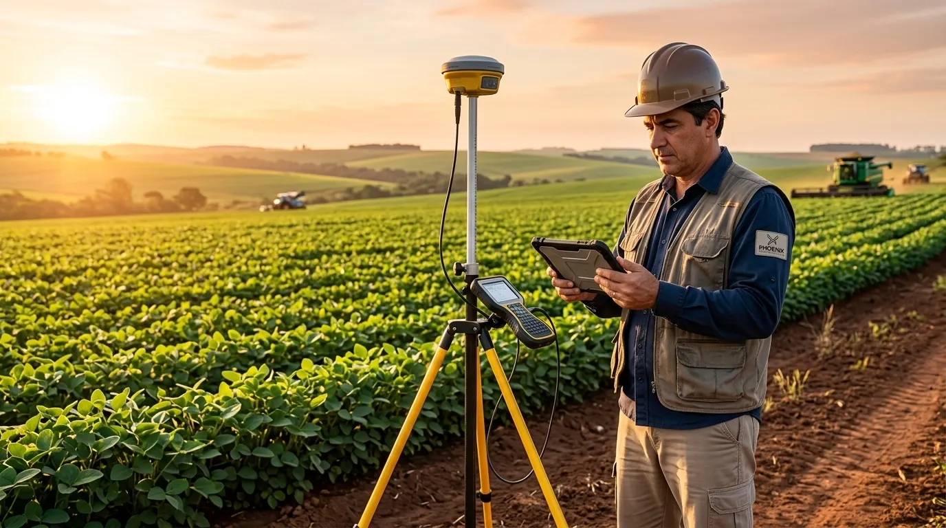 Engenheiro medindo terreno rural conforme a lei do georreferenciamento de imóveis com equipamento GNSS.