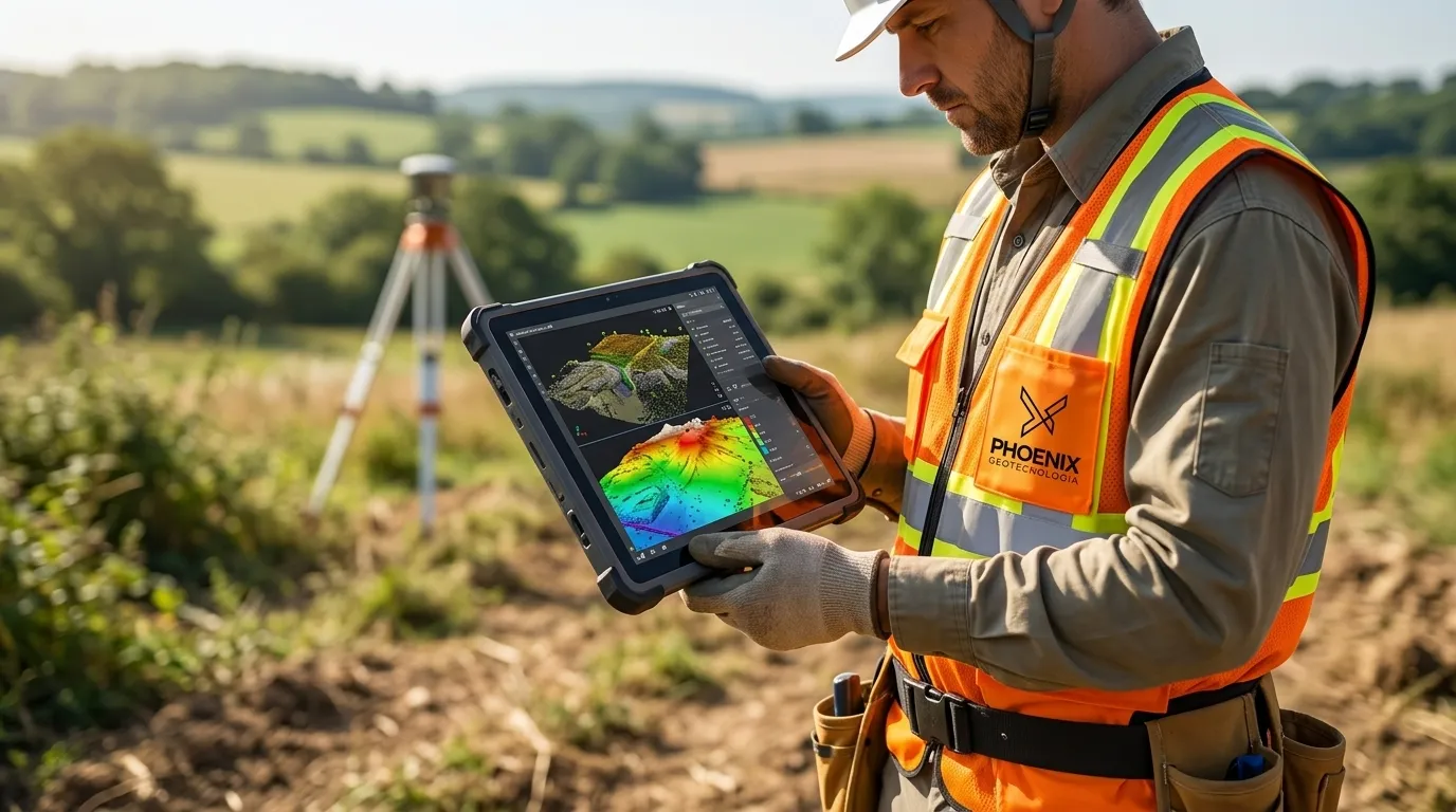 Engenheiro operando drone na topografia para geração rápida de nuvem de pontos e modelos 3D.