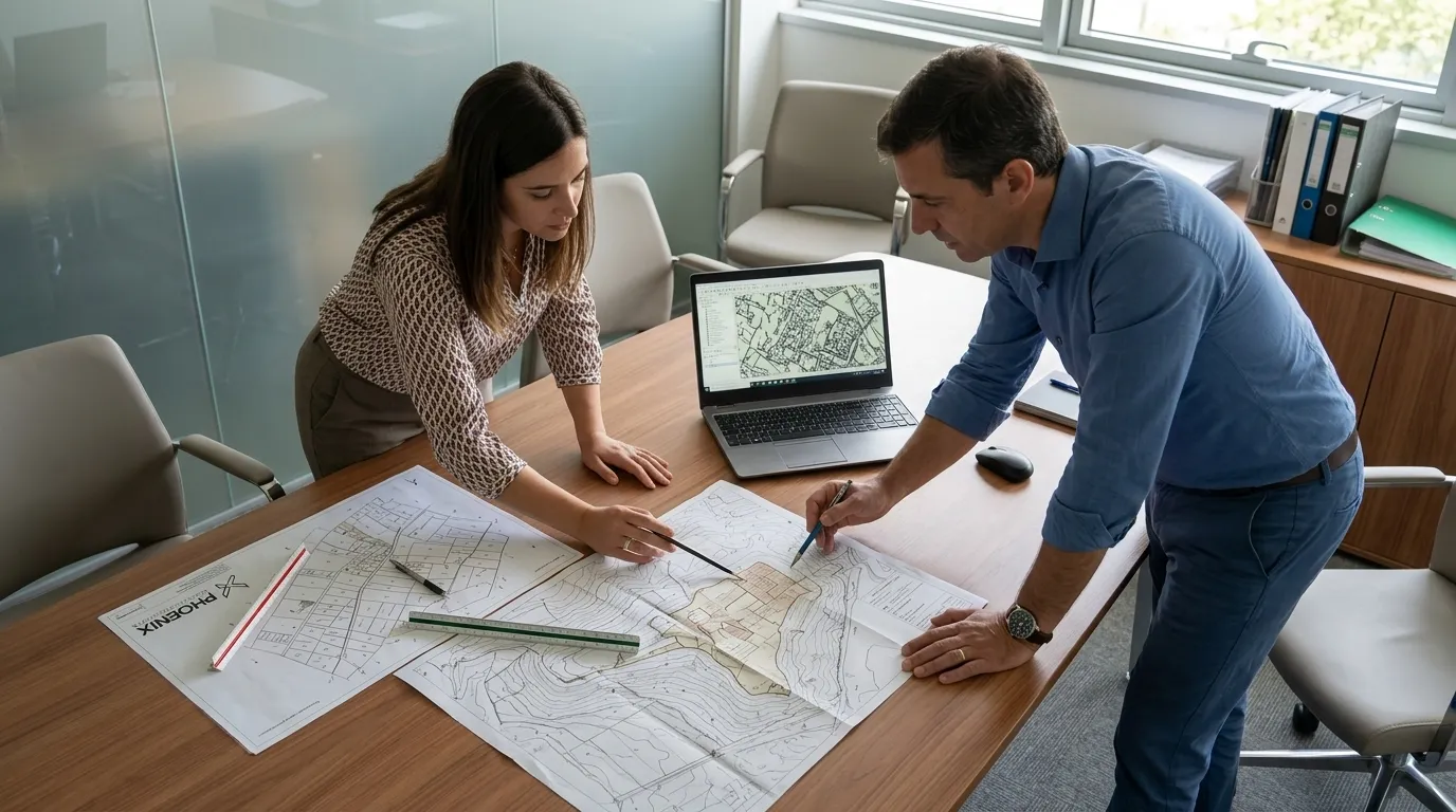 Técnicos planejando a regularização fundiária urbana com mapas topográficos e dados geoespaciais.