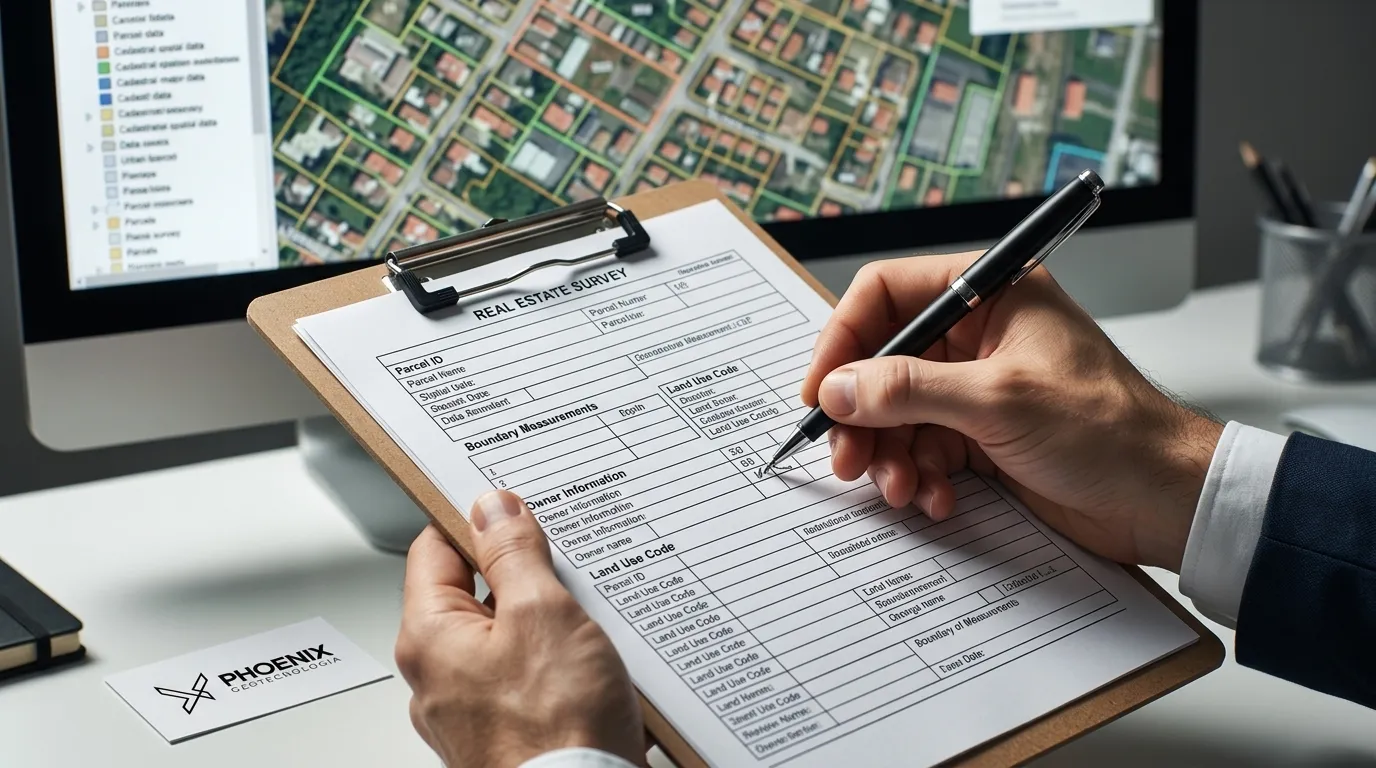 Preenchimento técnico do boletim de cadastro imobiliário com dados cadastrais e espaciais ao fundo.