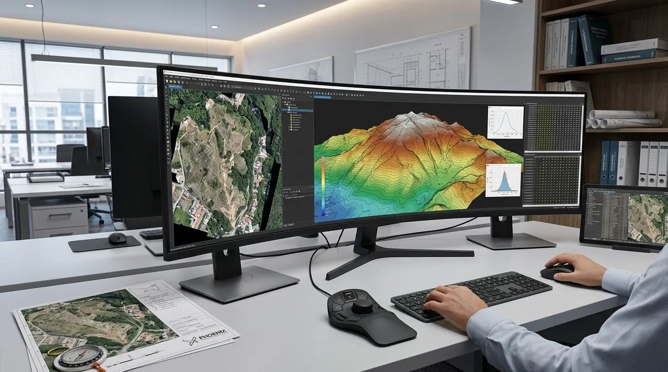 Processamento de dados de drone topografia com curvas de nível e modelo digital de elevação.
